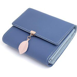 Women Small Blue RFID PU Leather Leaf Pendant Zipper Coin Purse